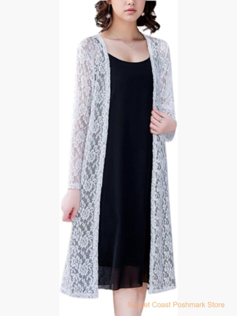 Long Duster Cardigan 3/4 Sleeve Open Front Embroidered Lace Kimono
